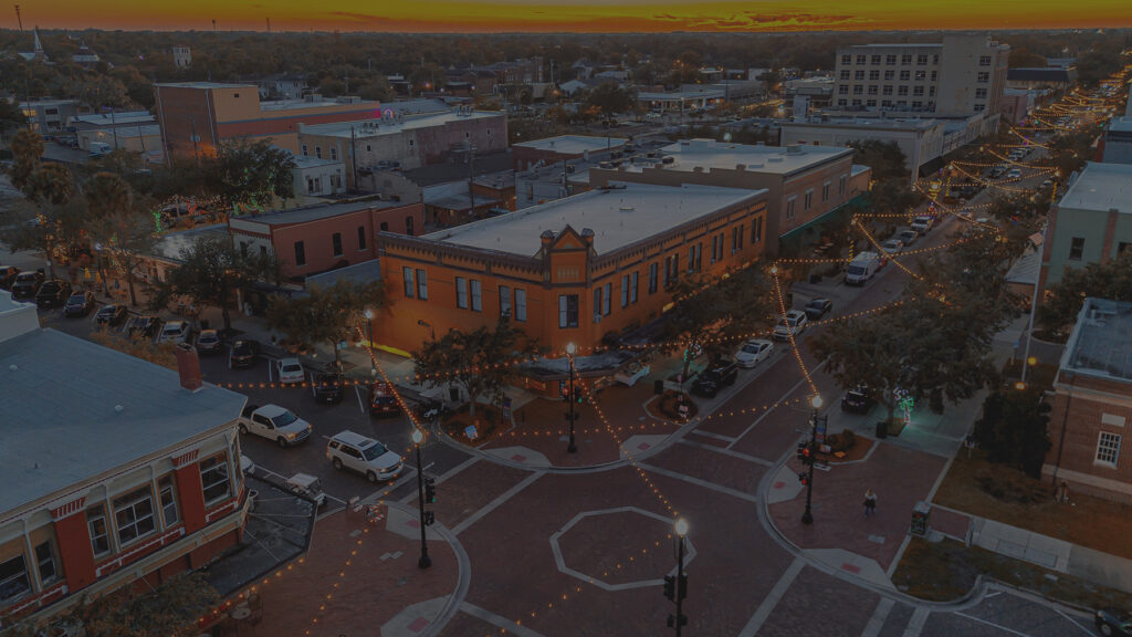 Aerial View of Sunset at Historic Downtown Sanford in Christmas time from a Drone, Sanford, Florida, USA.